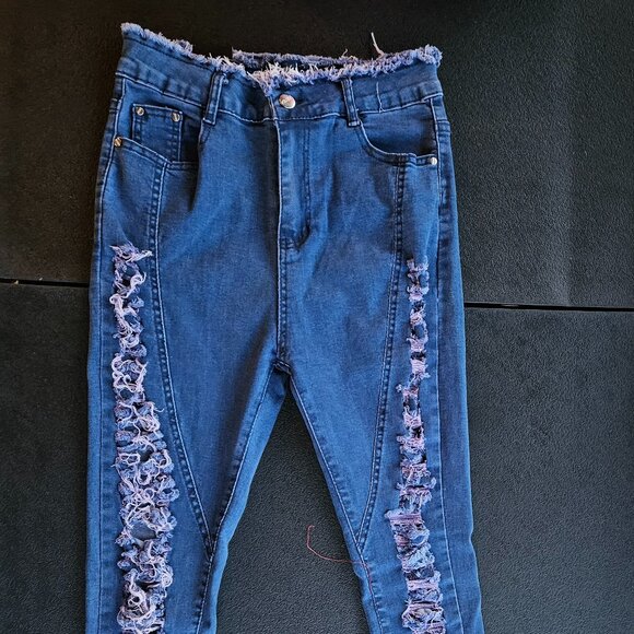 Just Q Aroma Design Women's Blue Destressed Fringe Waist Skinny Jeans Size L - Picture 15 of 16